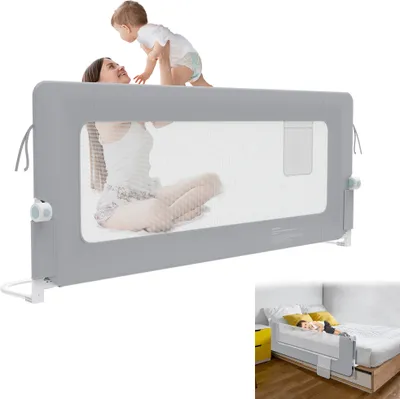 Image de UISEBRT 180cm Barrière de lit antichute réglable en hauteur, pliable, pivotante à 180 degrés, pour lits d'enfants et lits de parents, Gris