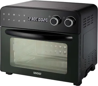 Der Unold Backofen-Fritteuse Diamant ist ein schwarzer Konvektionsofen für die Arbeitsplatte mit zwe