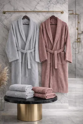 Produktbild von 6-Piece Premium 80% Baumwolle Jacquard Bathrobe & Towel Set – Gift Boxed Grey-Powder