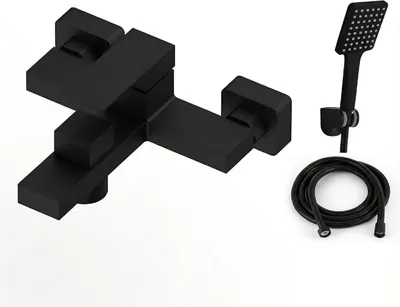 Produktbild von Badewannenarmatur Set mit Handbrause und Wandhalterung, Einhebelmischer für Wanne/Brause, Schwarz