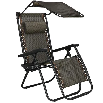 A single reclining garden chair with a canopy and headrest, shown against a white background.