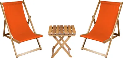 Produktbild von 2 x Liegestuhl + Beistelltisch Strandliege Holz Sonnenliege Gartenliege Gartentisch Geölt Orange