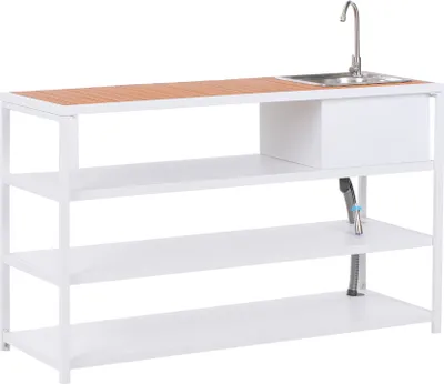 Obrázek produktu pro BELIANI Venkovní kuchyňský regál se dřezem bílý hnědý ocelový 159 x 50 x 91 cm jednoduchá páková baterie 3 police zahrada kuchyň jídelna