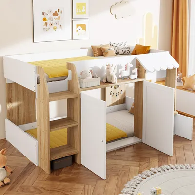 A children's loft bed with a house-like design, featuring two doors, shelves, and a ladder, set in a bedroom.