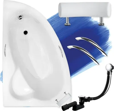 Produktbild von BADLAND Eckbadewanne Badewanne Natalia Premium LINKS 150x100 mit Ablaufgarnitur, Handgriffen, Kopfstütze und Füßen GRATIS ohne Verkleidung