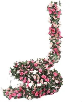 Imagen del producto de Guirnalda de flores artificiales Unyqoos® – 5 unidades de flores de seda rosa, 2,45 metros de largo – Decoración para bodas, arcos, paredes y habitaciones