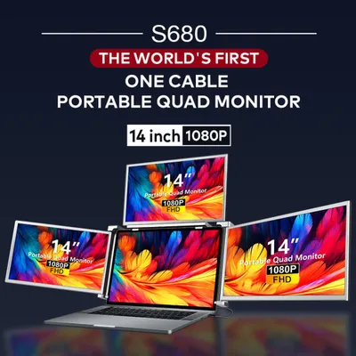 Obrázek produktu pro 14palcová přídavná obrazovka k notebooku, 1080p FHD, přenosný čtyřobrazovkový monitor, skládací a otočný design, rychlá instalace pomocí jediného kabelu pro 3 displeje, kompatibilní s Windows a macOS, pro notebooky s úhlopříčkou 13,6–17,3 palce