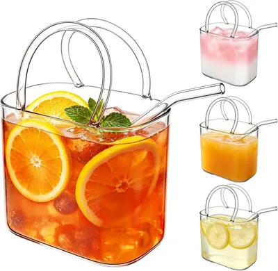 Produktbild von Cocktailglas 750ml im Handtaschen Design, Trinkglas mit Henkel & Strohhalm, perfekt für Cocktails, Säfte & Party Getränke