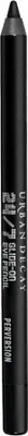 A close-up, vertical shot of a black eyeliner pencil with text printed on it.