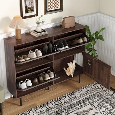 Imagen del producto de Zapatero estrecho con 3 puertas y estante, dimensiones 120 cm de largo x 28 cm de ancho x 92 cm de alto. Zapatero moderno para pasillo o recibidor, diseño que ahorra espacio y con capacidad de almacenamiento, apariencia de madera de nogal