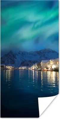 Produktbild von MuchoWow® Poster Nordlichter - Norwegen - Berg 75x150 cm - Dekoration für die Wände