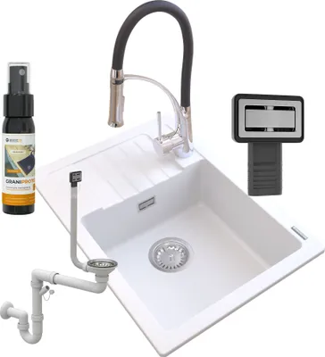 Produktbild von Granitan | Spülbecken Granit - Weiß - 62x44x17,5 cm - ARGOS + Siphon + Küchenarmatur NEXO + Impregnat