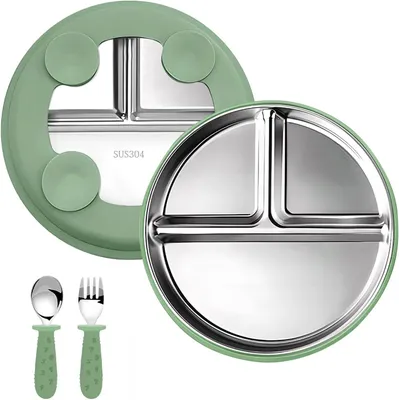 Produktbild von Babysets aus Edelstahl mit Teller mit Saugnapf und Besteck