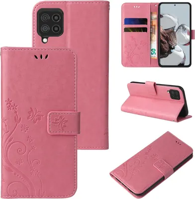 Produktbild von Handyhülle für Samsung Galaxy A22 (4G) Floral Blumen Schmetterling Flip Cover Hülle Case Klapphülle Handytasche Farbe: Rosegold