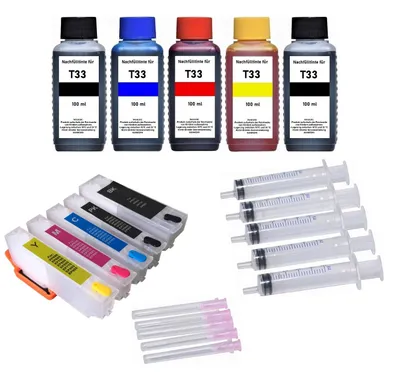 Image de Cartouches d'encre rechargeables compatibles avec Epson T3351 + T3361-T3364 / T33 XL + 5 flacons d'encre de 100 ml pour XP-530, 540, 630, 635, 640, 645, 830, 900, 7100