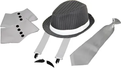 Produktbild von Deluxe Gangster Set | Hosenträger - Krawatte - Hut - Gamaschen - Bart