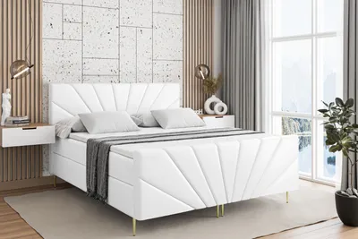 Produktbild von ALTDECOR Boxspringbett mit Gold Füßen, Matratze und Lattenrost, Topper, Fußteil, Polsterbett mit Bettkasten, Bett mit Stauraum H4-Matratze, Doppelbett - MILTIO-FZ-Z - 200x200 - Weiß Kunstleder