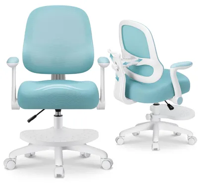 Obrázok produktu pre HOFFREE Ergonomická detská stolička k písaciemu stolu, modrá, s nastaviteľnou výškou, opierkou nôh, sklápateľnými podrúčkami, nastaviteľnou opierkou chrbta a sieťovinou