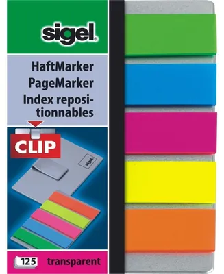 Produktbild von SIGEL HN610 Haftmarker, Folie, mit Clip, 50x12 mm, grün, blau, violett, gelb, orange, 125 BL