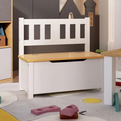 Produktbild von Weiße und beige Kinderbank aus MDF mit Stauraum, 60x30x55 cm