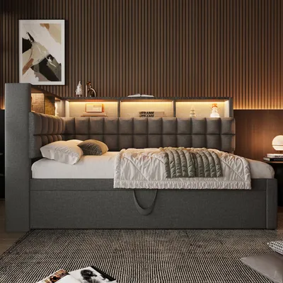 Produktbild von MODFU Tagesbett 90x200 mit Ausziehbett,Polsterbett mit LED-Beleuchtung und USB-Anschlüsse,Schlafsofa mit Stauraum L-Kopfteil,ohne Matratze,Grau