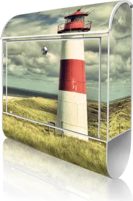 Produktbild von banjado Design Briefkasten Stahl weiß mit Zeitungsfach pulverbeschichtet "Leuchtturm Sylt" 38x46x12,5cm & 2 Schlüssel - Postkasten A4 Einwurf inkl. Montagematerial [BKW 12680]