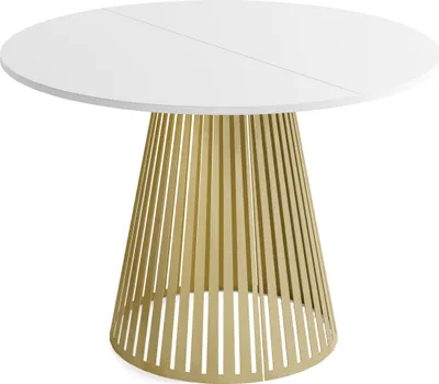 Produktbild von Esstisch Rund Ausziehbar mit Lamellen im Loft-Stil – 100 bis 180 cm – Industrieller Tisch mit Goldenen Metallbeinen, Platzsparend für Wohnzimmer oder Esszimmer – Weiß