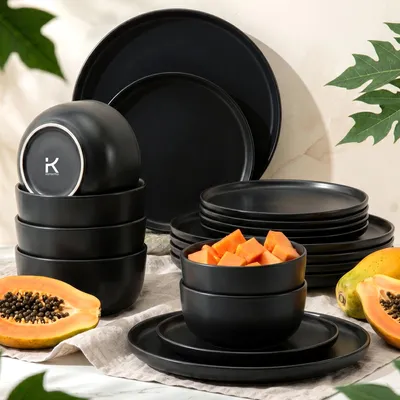 Obrázek produktu pro Konsimo jídelní servis Stolní servis VICTO sada nádobí Jídelní talíř Dezertní talíř Mísa pro 6 osob (18 ks), černá, keramika, Loft, 20/27/14,5 cm
