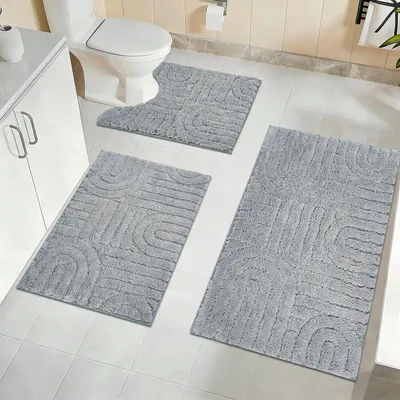 Produktbild von Badezimmermatten-Set, 3 weiche Mikrofaser-Badematten, rutschfest, waschbar, wasserabsorbierend, U-förmig für Dusche, Toilette und Badewanne (grau)