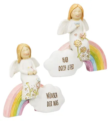 Produktbild von Gilde Figur, Engel, "Mutmacher", Spruch, Blumenmuster, Kunstharz, naturfarben, VE 6, 2fach sortiert, L. 2.5 cm, B. 8.5 cm, H. 8 cm 57470 4063387574706 2 Stück