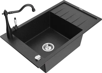 Produktbild von Mexen Elias 1 Becken-Granitspüle mit Abtropffläche und Mischbatterie Carla, Schwarz/Silbermetallic - 6511-73-670700-70