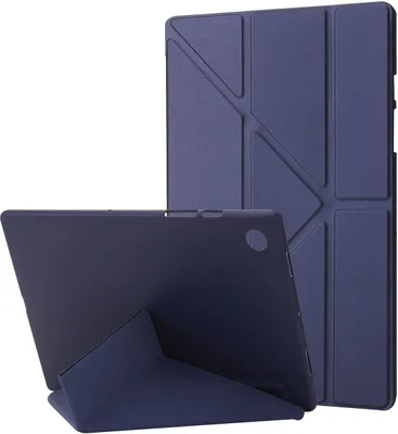 Two views of a dark blue tablet case, one standing upright and the other showing the interior and stand.