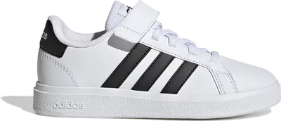 A white Adidas sneaker with black stripes and a black heel tab, shown from the side against a white background.