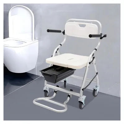 Produktbild von 3-in-1 Klappbarer Toilettenstuhl mit Armlehnen und Rädern, Tragfähigkeit 150 kg
