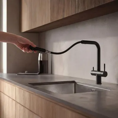 Obrázek produktu pro Kuchyňská baterie, třícestná, matná černá, s flexibilní výlevkou, model PS8120-10, řada Pure.Sink
