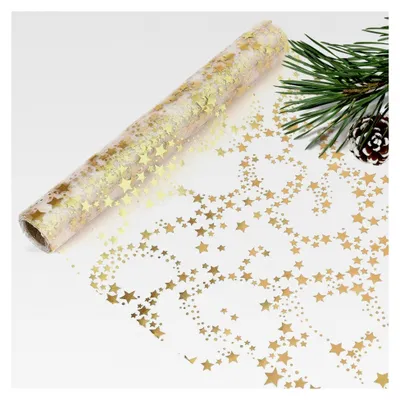 Produktbild von Tischläufer Weihnachten, goldene Sterne, edler Tischläufer aus glänzendem Organza, Tischdekoration für Weihnachten, Silvester, Adventszeit, festliche Anlässe, Ramadan, Hochzeiten, doppelseitig, 28cm x 5m