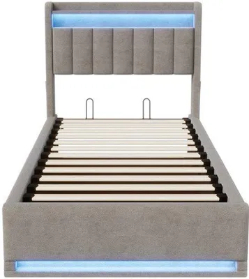 Image de Lit tapissé 140x190 cm - Meuble de chambre à coucher en velours avec espace de rangement et port USB - Gris