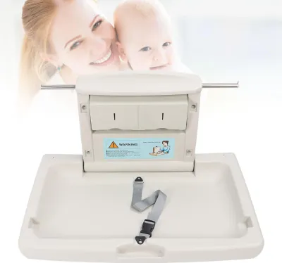 Immagine prodotto di Fasciatoio con cintura di sicurezza, gancio per scatola di fazzoletti, tavolo fasciatoio pieghevole a parete per bagni commerciali