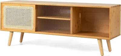 Zdjęcie produktu dla Podstawa pod telewizor, 120 cm, z przesuwanymi drzwiami z rattanu i hartowanego szkła, regulowana półka, szafka do salonu, sypialni, 120 x 31 x 46 cm