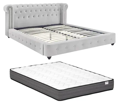 Produktbild von Chesterfield-Bett + Matratze - 160 x 200 cm - Samt - Hellgrau - TONGERLA