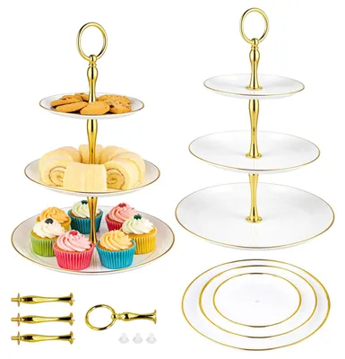 3-stufige Etagère, Kunststoff, weiß/gold, Ø 15/20/24,8 cm, Höhe 34 cm