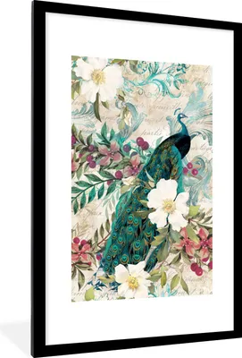 Produktbild von MuchoWow® Gerahmtes Poster Kunst - Pfau - Blumen 60x90 cm - Poster mit Schwarzem Bilderrahmen Wandposter Rahmen Foto Bilder - Dekoration - Wandposter Wohnzimmer - Hochwertig