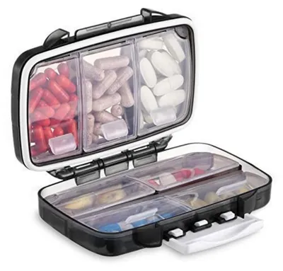 Obrázek produktu pro Krabička na tablety na 7 dní, vodotěsná, přenosná, černá, 7 přihrádek, bez BPA, vhodná pro styk s potravinami