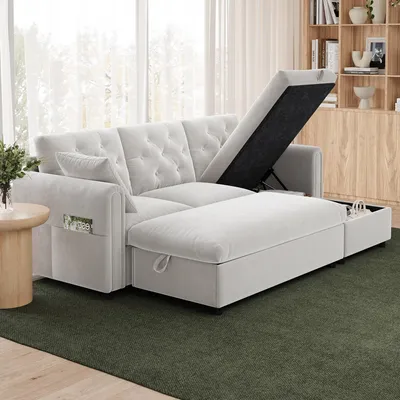 Produktbild von MODFU Ecksofa mit Fußhocker,Modulares Sofa mit Chaiselongue(rechter & linker),Schlafsofa mit Versteckter Stauraum,Samt,Beige