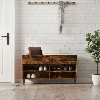 Zdjęcie produktu dla vidaXL Ławka na buty dąb wędzony 102x35x55 cm materiał drewnopochodny - Ławka na buty - Ławki na buty - Ławka z miejscem do przechowywania - Stojak na buty