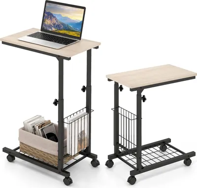 Obrázok produktu pre Bočný stolík v tvare písmena C, rozkladací stolík s kolieskami, stolík na notebook, výškovo nastaviteľný stolík na notebook, mobilný konferenčný stolík, 50 x 30 x 80 cm, príroda