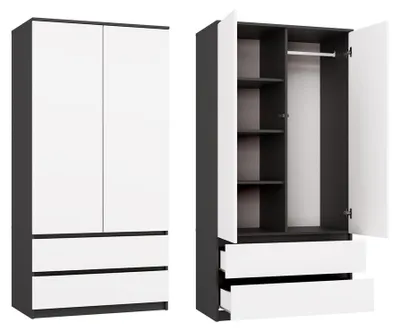 Produktbild von Kleiderschrank Wolfgang 90 cm mit 2 Türen Kleiderstange und 2 Schubladen in Anthrazit / Weiß