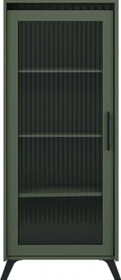 A tall, narrow glass-fronted cabinet with dark green frame and black legs, shown against a white background.