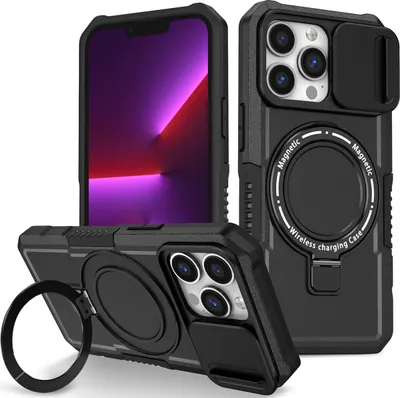 Produktbild von Handyhülle für iPhone 13 Pro Kompatibel mit MagSafe, Robuste Hülle mit Schiebe Kamera Schutz, Magnetischer Ringständer Schwarz