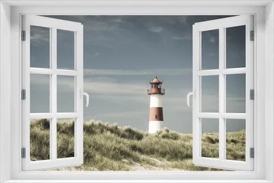 Produktbild von Wallario selbstklebendes Poster mit Fenster-Illusion - Leuchtturm auf der Düne am Strand, Größe: 61 x 91,50 cm